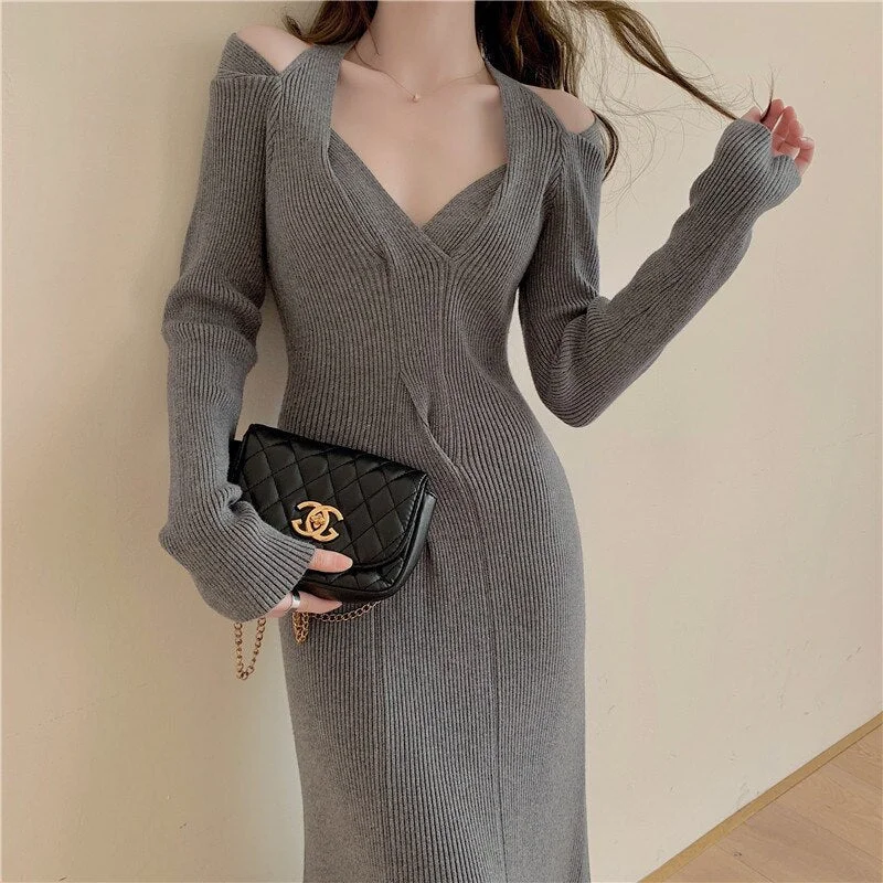 Elegant V Neck Long Sleeve Ribbed Knitted Dress Front Slit Sexy Bodycon Dress