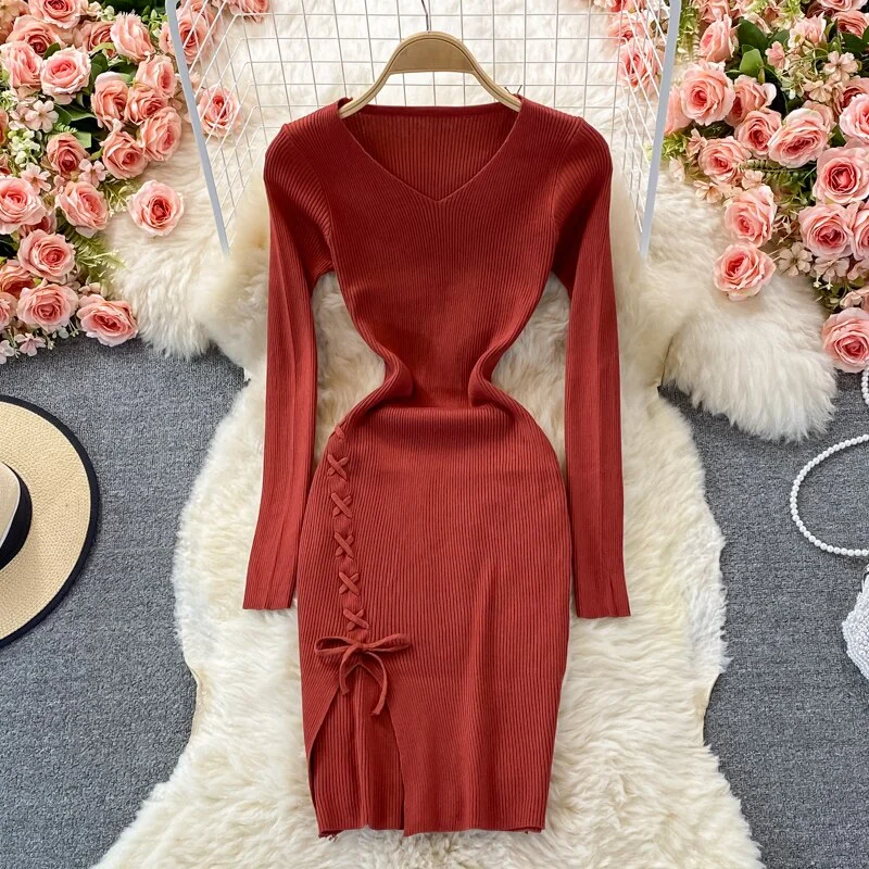 V Neck Long Sleeve Ribbed Knitted Dress Sexy Front Lace Up Slit Bodycon Dress